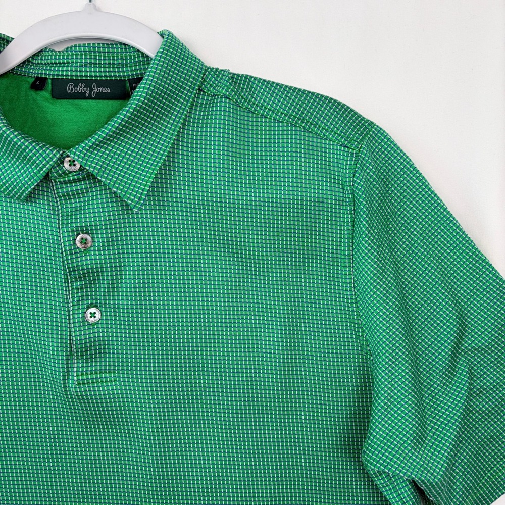 Bobby‎ Jones Polo Shirt Large Green Micro Check Cotton Golf Logo